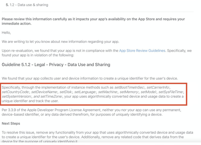 来自App Store的警告例子，基于CAID的使用。